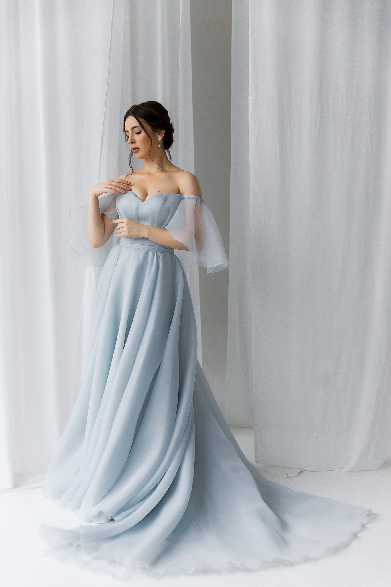 ash blue wedding dress Short Sleeve Slate Blue Wedding Dresses for Photography VW1116 – Viniodress main image 0